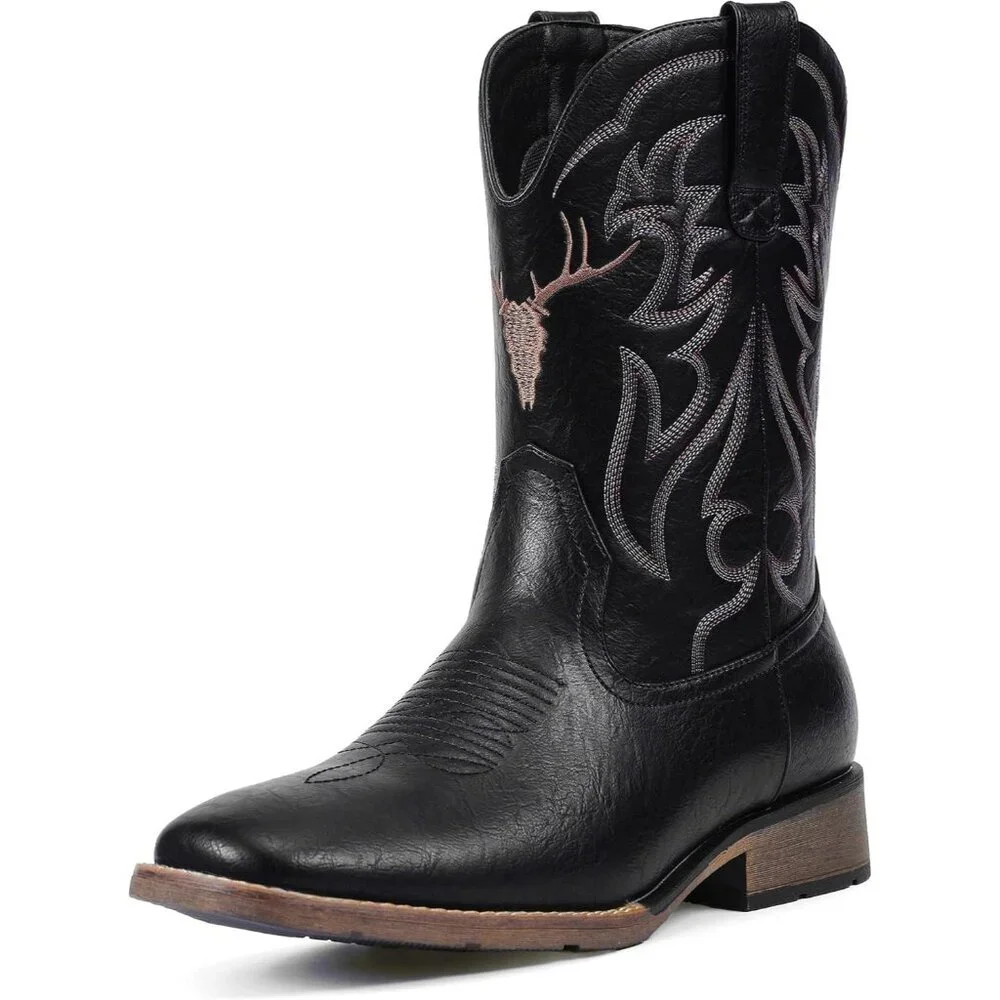 Men's Black Western Boots Slip Resistant Country Boot Retro Classic Embroidered
